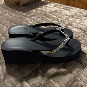 Rhinestone Wedge Flip Flops | Black | Women’s 8